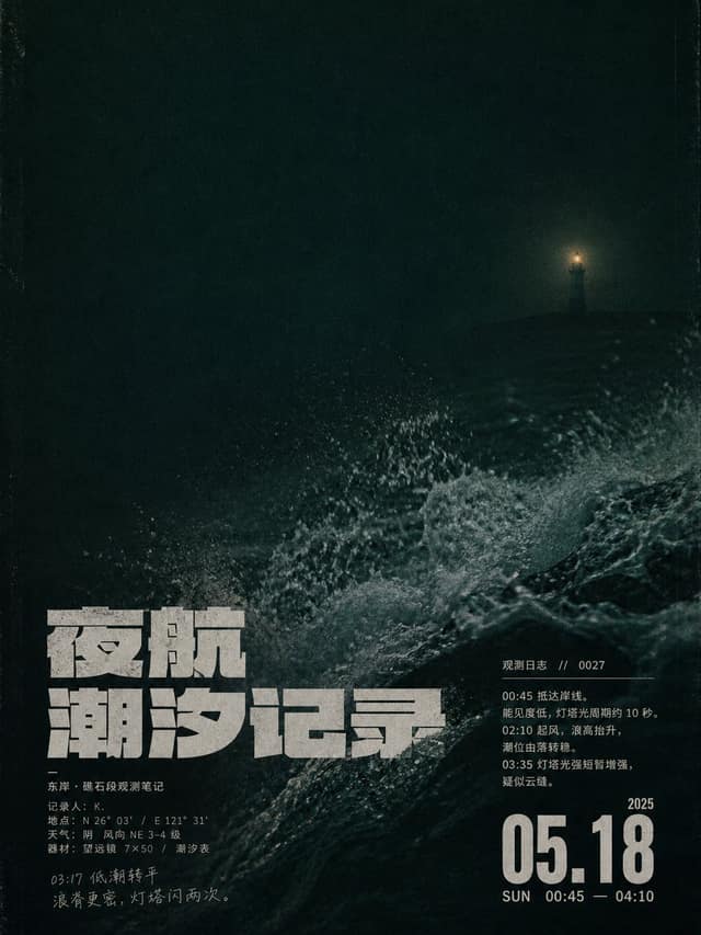 نمونهٔ 凌晨海岸夜航观测记录海报视觉风格提示词