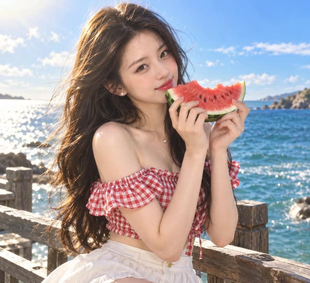 东亚甜妹海边西瓜夏日大片