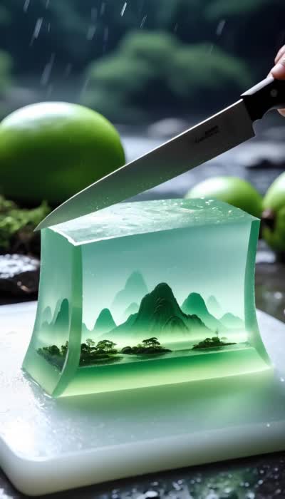 Q弹晶莹：8K水墨山水果冻食材广告图