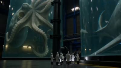 نمونهٔ 巨型海洋生物观察：微小科学家研究水箱巨兽