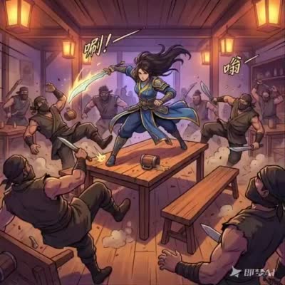 نمونهٔ 电影级武术打斗场景生成器：女侠酒馆激战