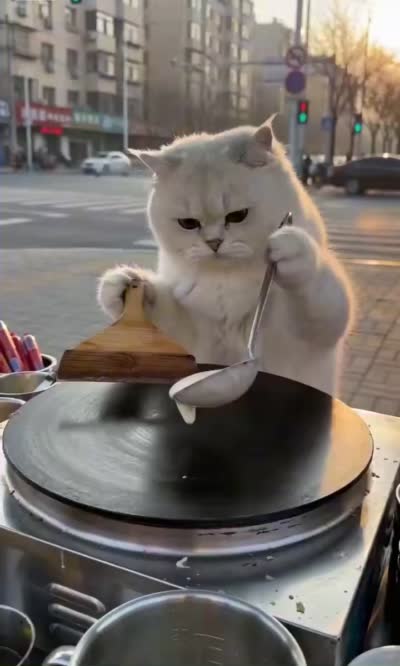 萌猫大厨街头摊煎饼：晨光中的美食制作