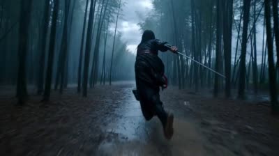 نمونهٔ 雨夜竹林武侠对决 - 电影级动作场景生成器