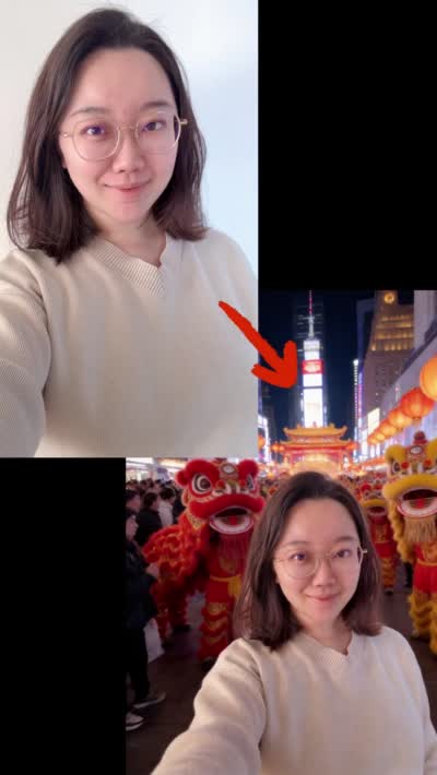 نمونهٔ 纽约时代广场春节奇遇：舞狮与自拍的跨文化邂逅