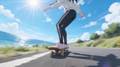 نمونهٔ 动漫COS女孩四季滑板滑雪一镜到底视频创作