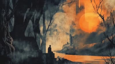 نمونهٔ 特纳风格黄昏孤独身影：诗意意境画面创作