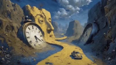 نمونهٔ 达利超现实：汽车穿越融化时钟峡谷
