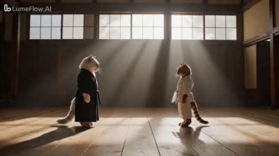 CatFu Dojo：老猫大师对战活力小猫的格斗场景